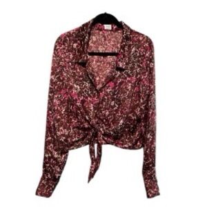 NEW Aritzia Tie-Front Ptna Brown Fuchsia Print Blouse - Pink & Brown Size M